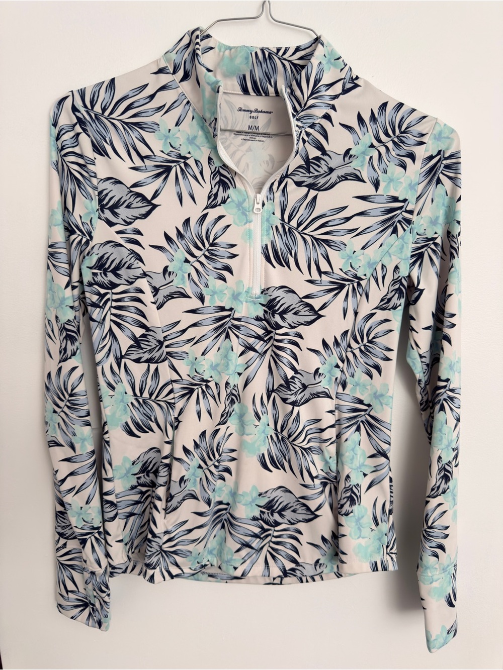 Tommy Bahama Mint Floral Quarter-Zip Long Sleeve Top
